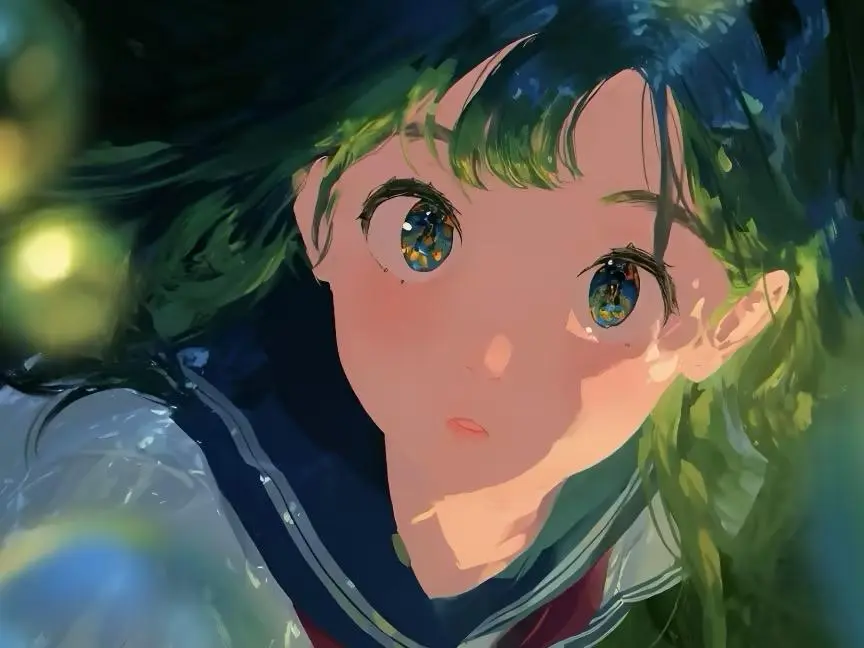AI-generated anime portrait showing close-up girl with green hair and glowing eyes